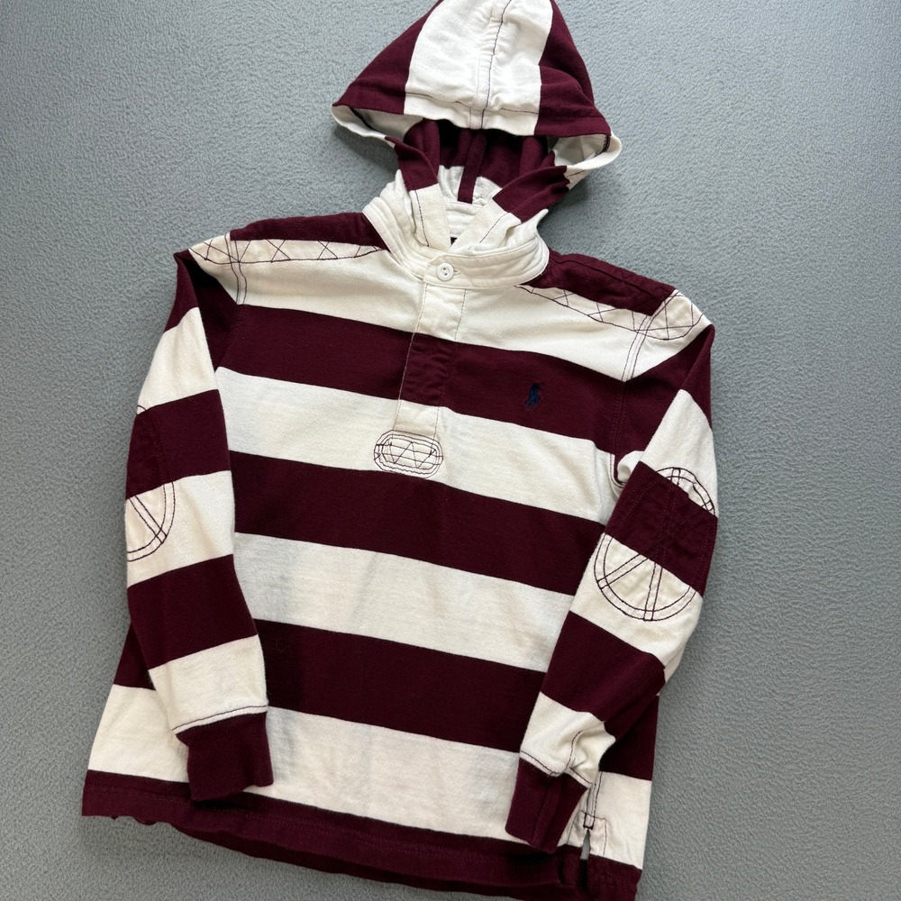 Polo Ralph Lauren Rugby Hoodie Size 7 Burgundy/White Striped Preppy Elbow Patch